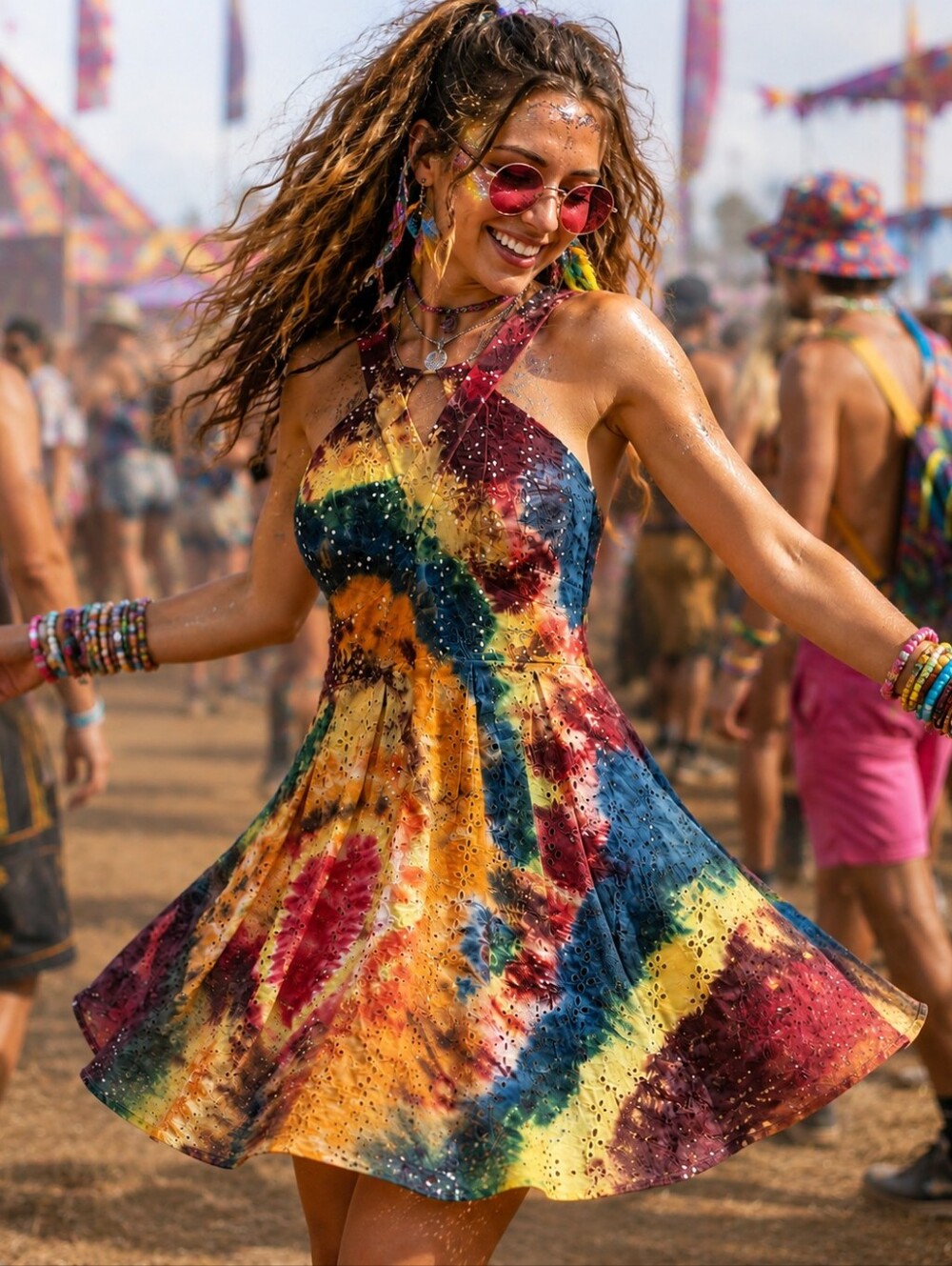 Crystal Doll Multicolor Tie-Dye Cross-Strap Mini Dress